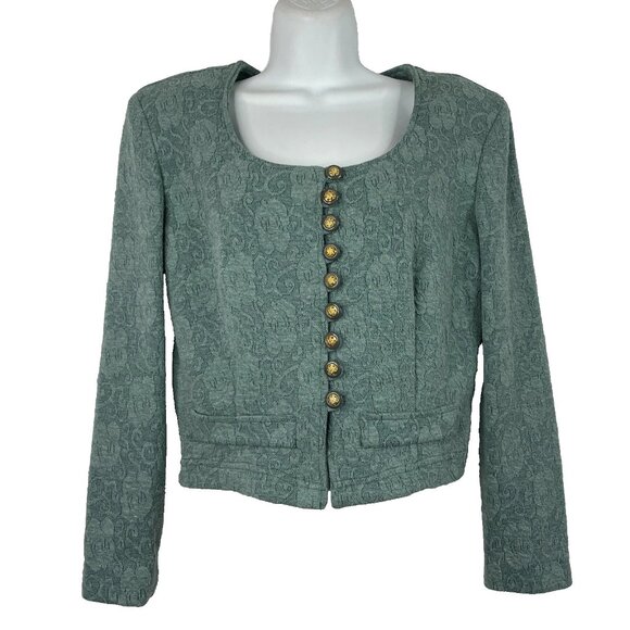 Vintage 80s 90s La Belle Cropped Jacket Size 7 Juniors Sage Green Baroque Floral - Picture 1 of 8
